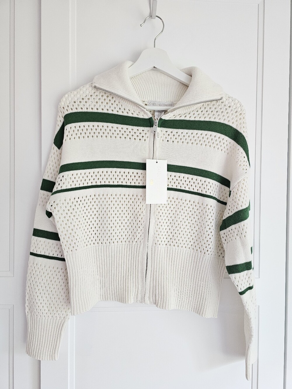 Caroline Constas Cream Knit Zip Cardigan Sweater with Green Stripe NWT $125